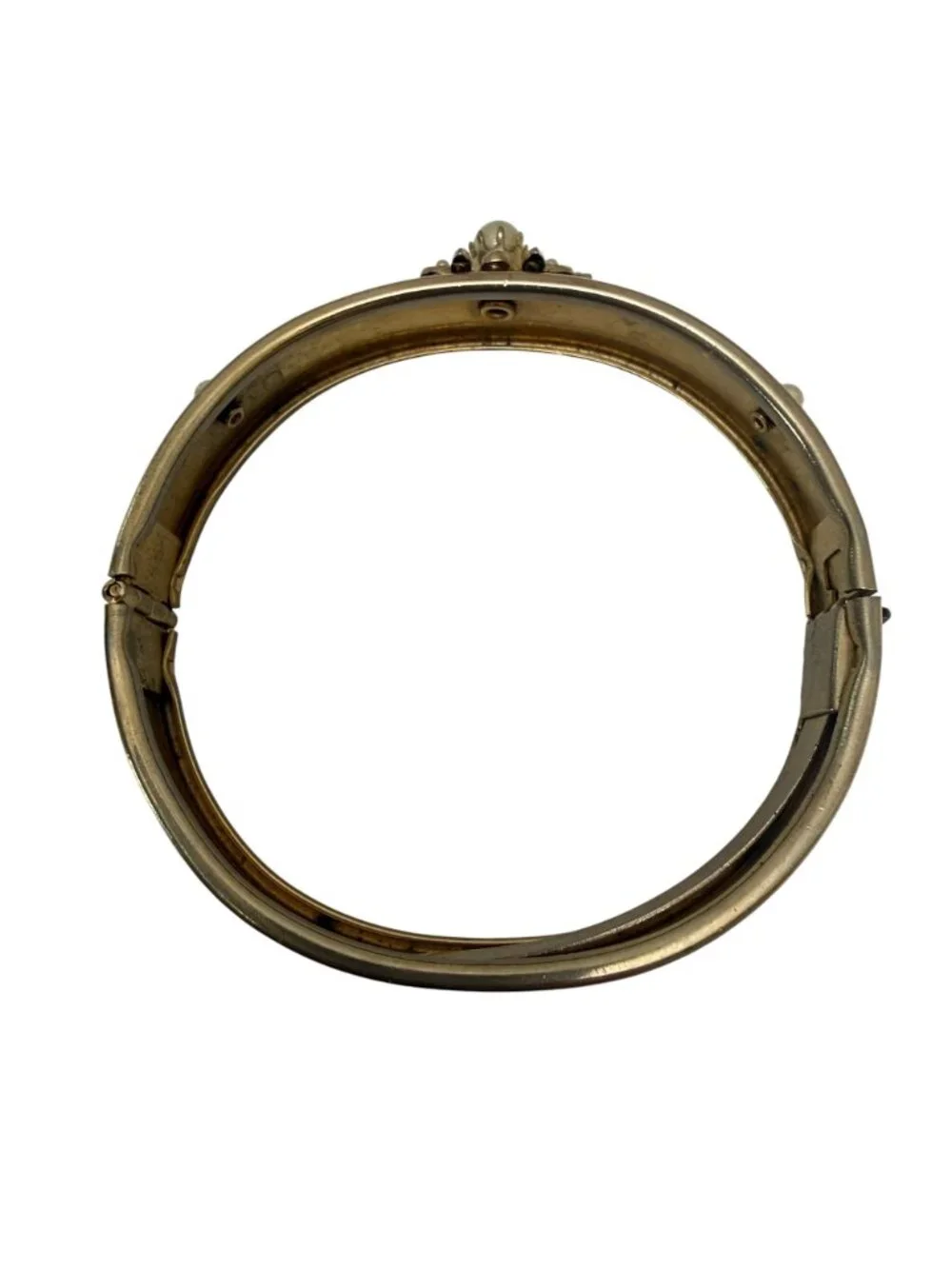 Vintage Victorian Revival Bangle Bracelet Black Enamel Faux Pearl Goldplate